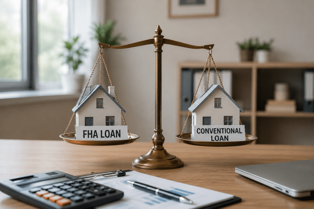 Balance scale comparing FHA loan vs conventional loan for home buying