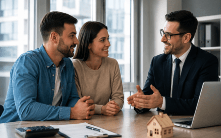 Couple meeting with a mortgage advisor to compare FHA vs conventional loans