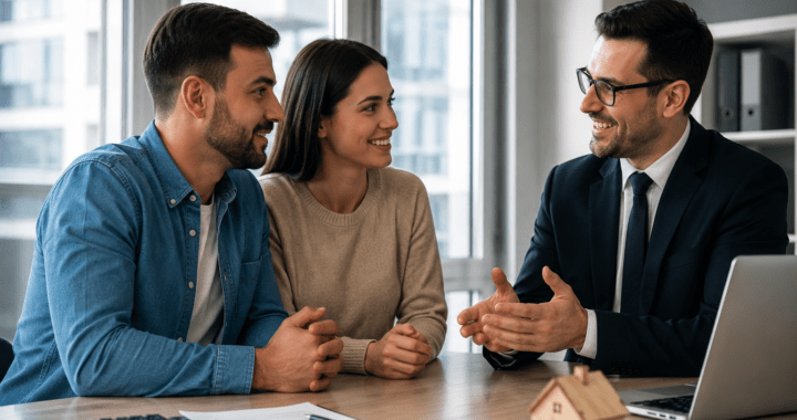 Couple meeting with a mortgage advisor to compare FHA vs conventional loans