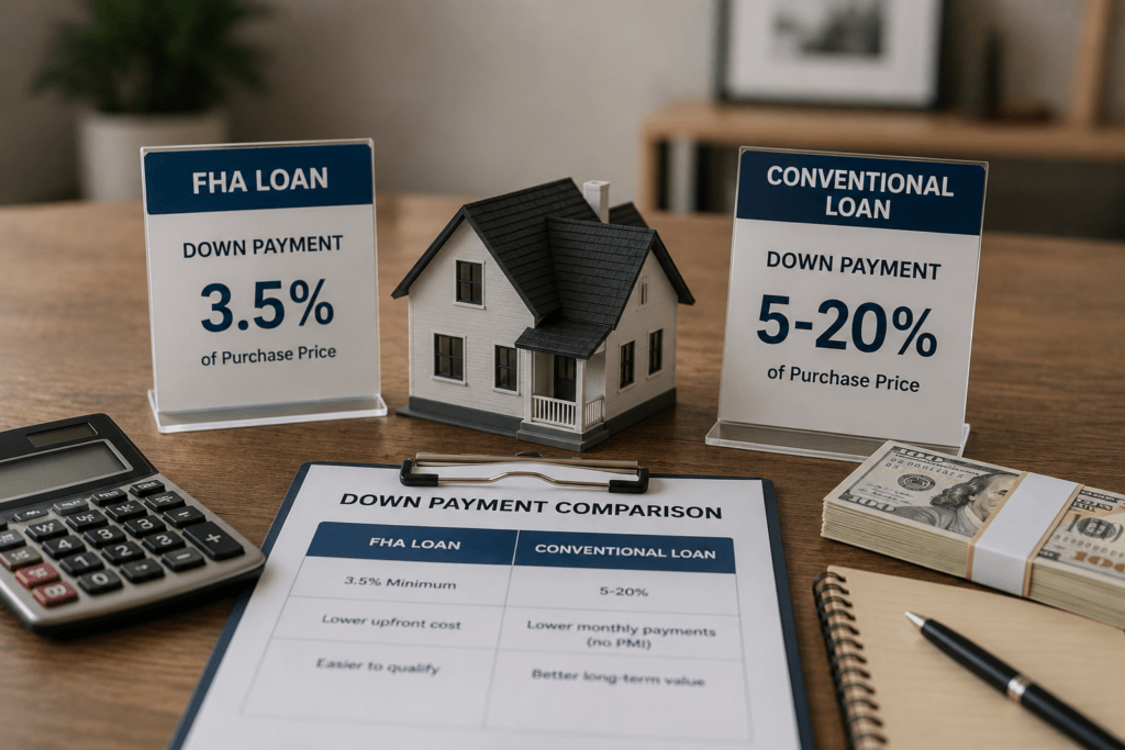FHA loan vs conventional loan down payment comparison chart with 3.5% and 5-20%
