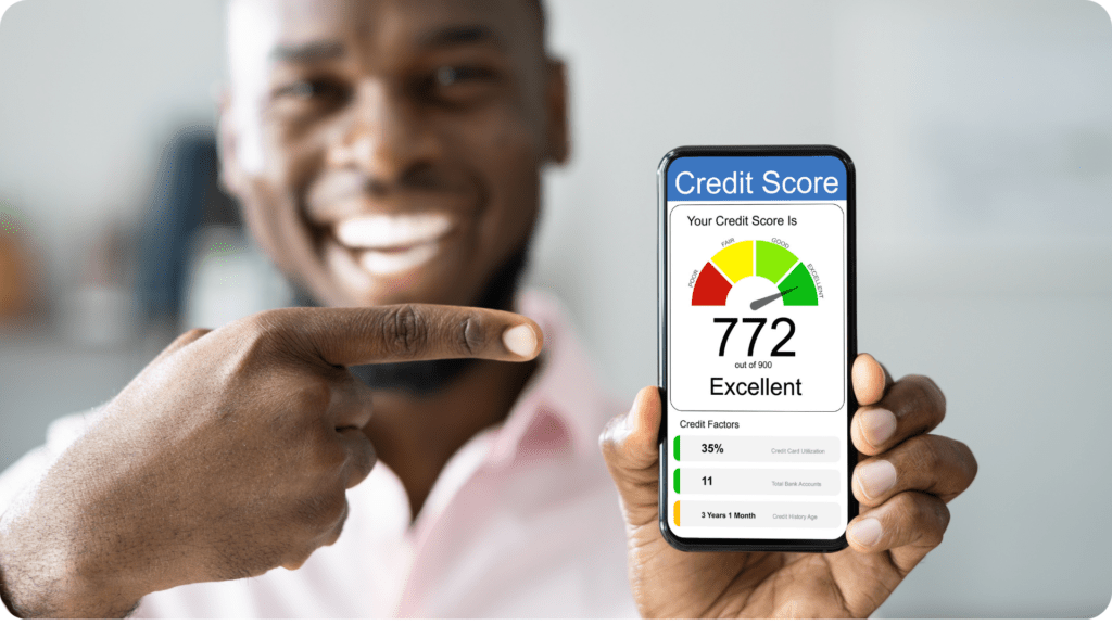 Man checking his excellent credit score on a mobile app before applying for a mortgage