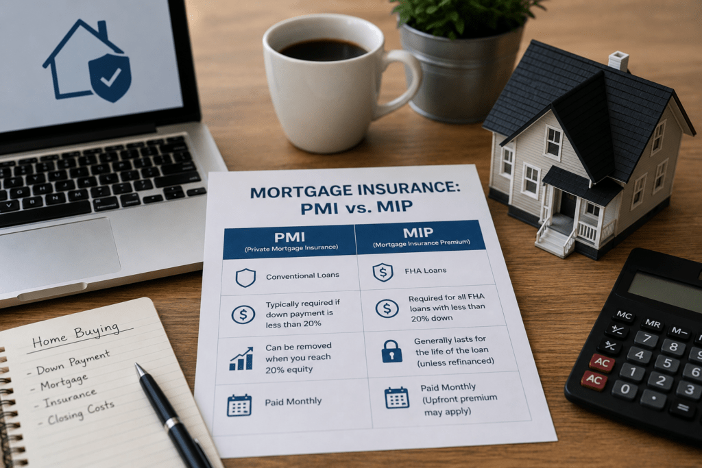 Comparison table of PMI for conventional loans vs MIP for FHA loans